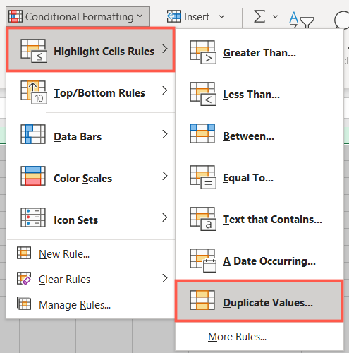 I-click ang Conditional Formatting, Highlight Cell Rules, Duplicate Values