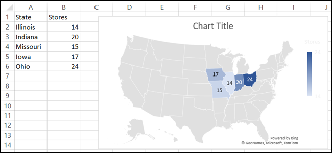 Как да създадете диаграма на географска карта в Microsoft Excel