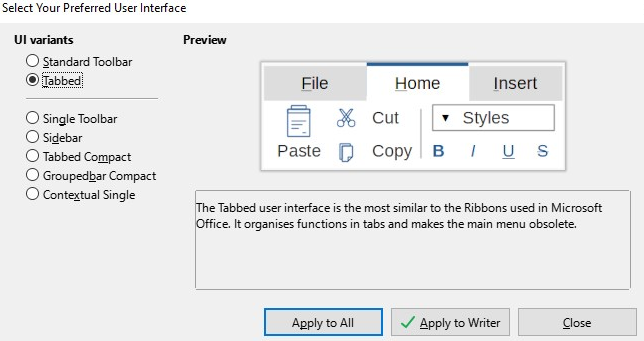 Odabir alatne trake ili vrste vrpce u LibreOfficeu