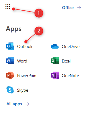 Η εφαρμογή εκκίνησης O365 με τονισμένο το Outlook.