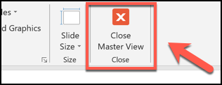 Spustelėkite mygtuką Uždaryti pagrindinį vaizdą, kad uždarytumėte skaidrės pagrindinio rodinio režimą „PowerPoint“.