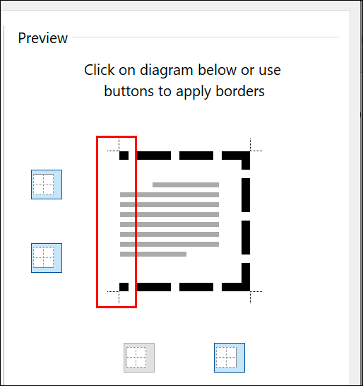 Dalam tetapan sempadan halaman Microsoft Word anda, klik pada garis sempadan individu dalam bahagian Pratonton untuk menambah/mengalih keluar setiap baris