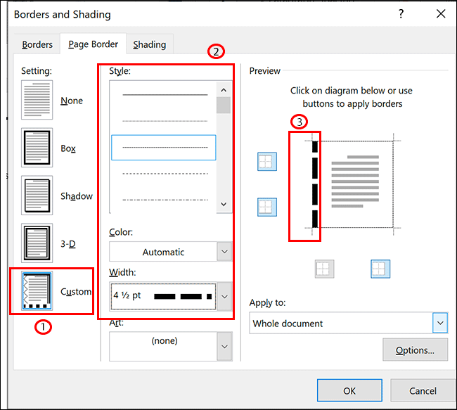 Dalam pilihan Sempadan Halaman untuk Microsoft Word, pilih Tersuai, pilih pemformatan anda, kemudian klik pada salah satu garis sempadan dalam bahagian Pratonton untuk menerapkannya