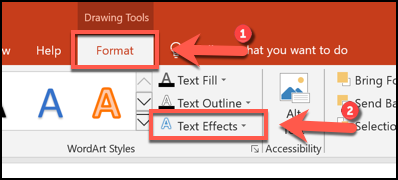 Click Format>Текстовые эффекты для изгиба текста в PowerPoint 