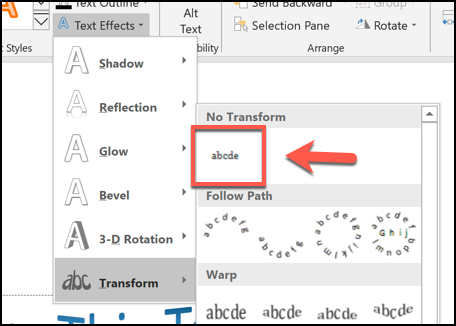 You can remove a curved text effect by clicking Format>Текстовые эффекты> Преобразовать и щелкнув параметр Без преобразования 