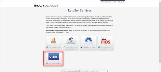 Optionen für UltraViolet-Händlerdienste mit hervorgehobenem Vudu