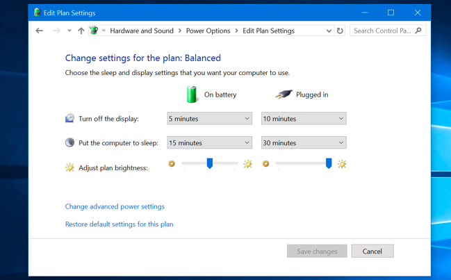 Редактиране на настройките на плана за захранване в Windows 10