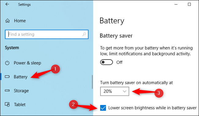 Настройки за яркост на Battery Saver в Windows 10