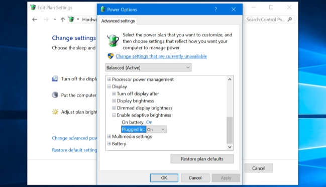Контролиране на адаптивната яркост в Windows 10
