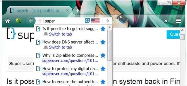 Ist es möglich, das alte Website-Vorschlagssystem in Firefox 43 zurückzubekommen?