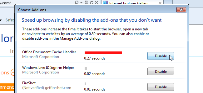 Onemogućite dodatke za ubrzanje pregledavanja u Internet Exploreru 9