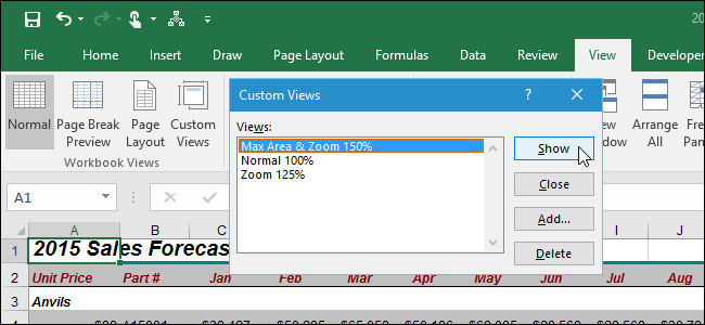 Kā izmantot pielāgotos skatus programmā Excel, lai saglabātu darbgrāmatas iestatījumus