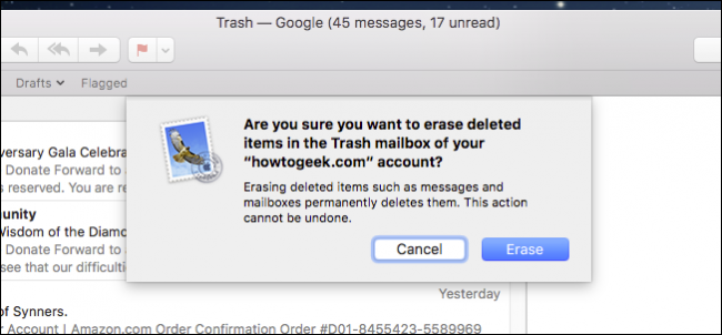 OS X용 Apple Mail에서 하나의 계정에 대해서만 휴지통을 비우는 방법