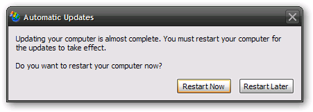 Временно отключить диалоговое окно «Перезагрузить сейчас» в автоматических обновлениях XP