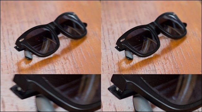 Quattro immagini di un paio di occhiali da sole su un tavolo, due per i quali è stato utilizzato IS e due quando non lo è stato.