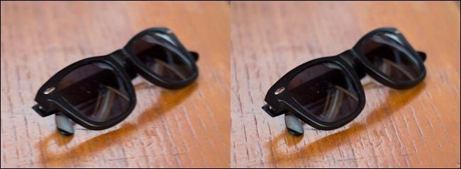 Due immagini di un paio di occhiali da sole sul tavolo, una sfocata e una chiara.