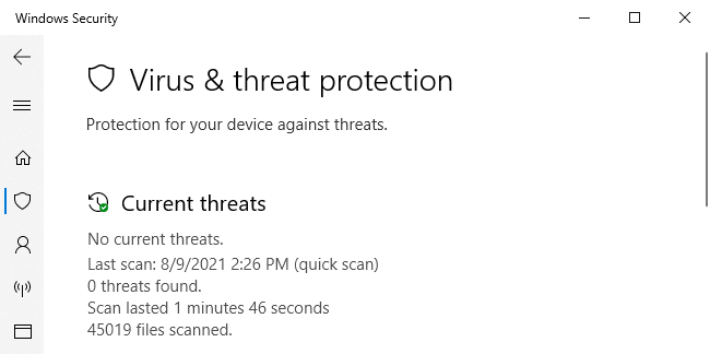 Приложението за защита на Windows, показващо Microsoft Defender