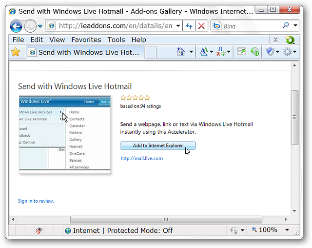 Hantar Teks dan Pautan melalui Windows Live Hotmail dalam IE 8