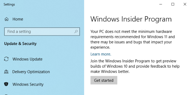 خيارات برنامج Windows Insider.