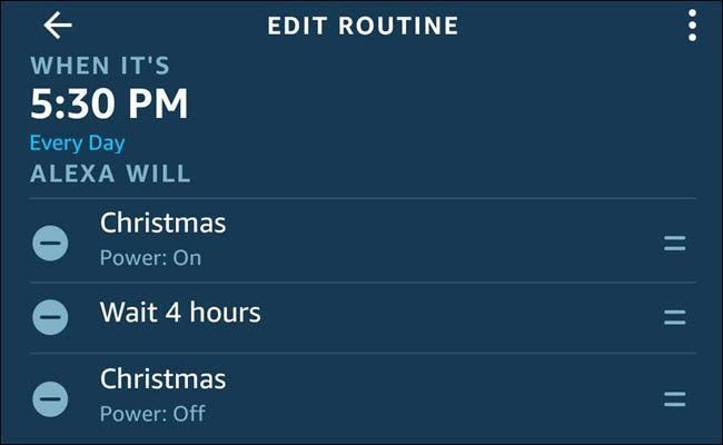 El diálogo de rutina de Alexa con una secuencia de Navidad encendida, espera 4 horas, Navidad apagada.