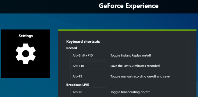 Изменение сочетаний клавиш в GeForce Experience