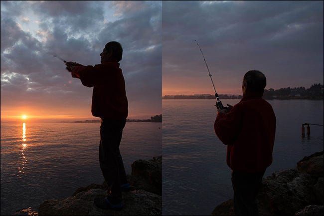Due immagini di un uomo che pesca al tramonto scattate a lunghezze focali diverse, ma con la stessa quantità di luce.