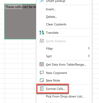 כדי להפעיל או לבטל את הגנת הנעילה לתאי Excel, בחר את התאים שבהם ברצונך לאפשר שינויים, לחץ לחיצה ימנית ובחר את