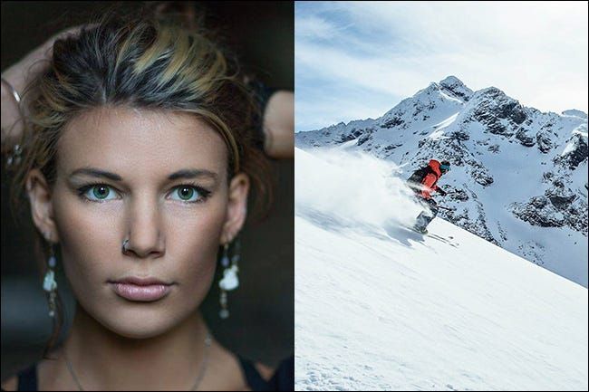 Un ritratto di una donna a sinistra, con una piccola profondità di campo, e uno sciatore che scende da una montagna, con una grande profondità di campo.