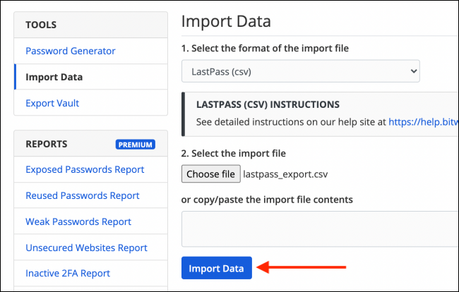 Klicken Sie auf Daten importieren, um LastPass-CSV-Passwörter in Bitwarden zu importieren