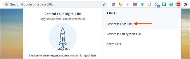 Klicken Sie in der LastPass-Erweiterung auf LastPass-CSV-Datei