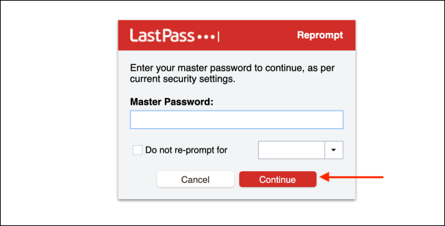 Geben Sie das LastPass-Passwort ein und klicken Sie auf Weiter