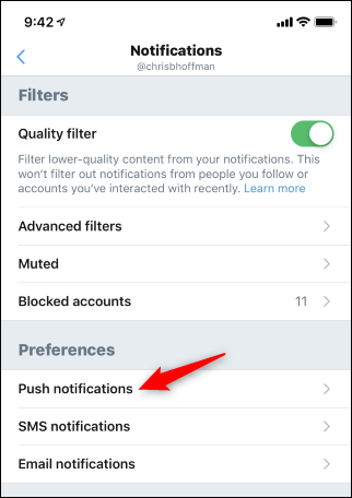 Twitter push paziņojumu opciju atvēršana mobilajā ierīcē