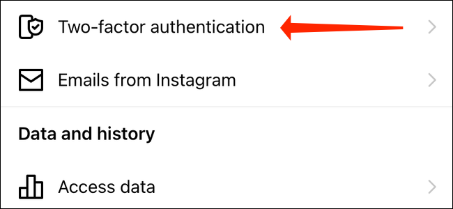 „Instagram“ nustatymuose bakstelėkite Dviejų veiksnių autentifikavimas