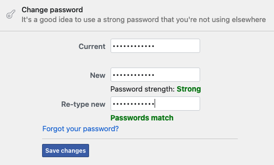 Digita la tua attuale password di Facebook e la tua nuova password due volte