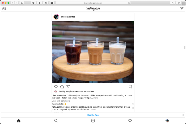 Das mobile Instagram-Layout in Safari auf einem Mac.