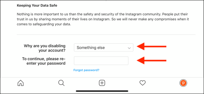 Pasirinkite priežastį ir įveskite savo Instagram slaptažodį