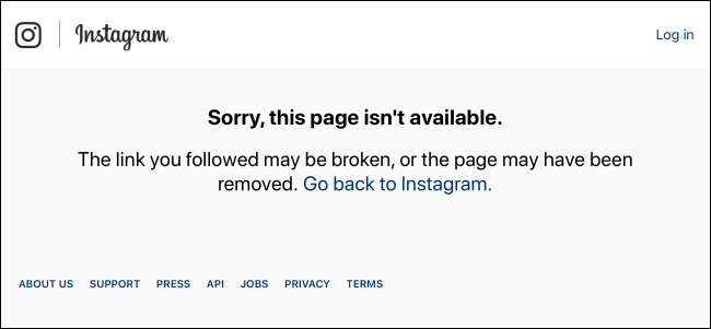 Laikinai išjungtai Instagram paskyrai Instagram rodomas puslapis nerastas