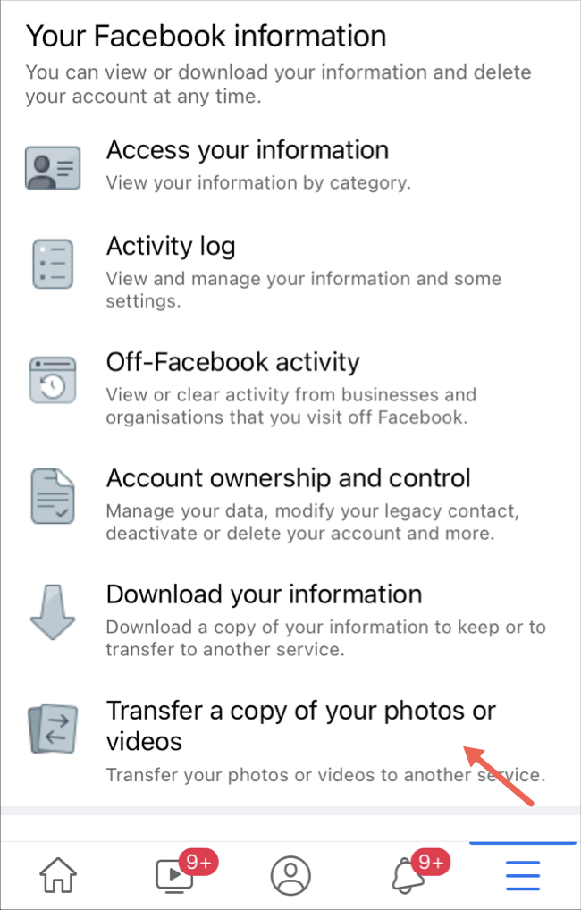 Изберете опция за прехвърляне на снимки и видеоклипове в приложението Facebook