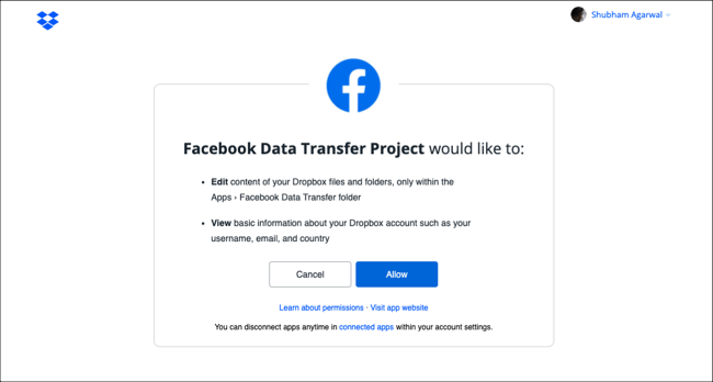 Предоставете на Facebook достъп до облачно хранилище