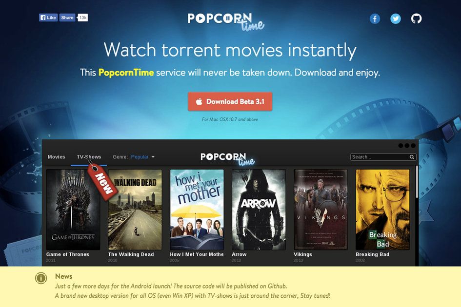 Popcorn Time, il Netflix gratuito per film e torrent TV, sta arrivando su Android