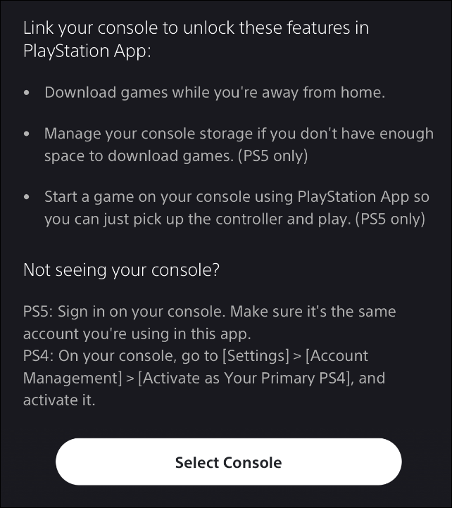lista de la consola de enlace de la aplicación playstation