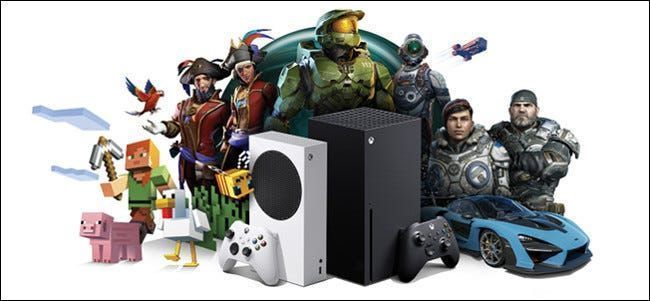 Конзолите Xbox Series X и S, заобиколени от герои от игри на Microsoft.