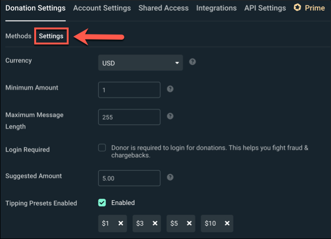 To change your Streamlabs donation method settings further, click the Donation Methods>Tab tetapan.