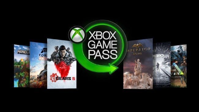 Το λογότυπο του Microsoft Xbox Game Pass περιβάλλεται από παιχνίδια.