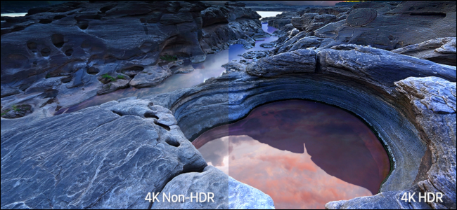 Eine felsige Küstenszene, die den Farbunterschied zwischen 4K ohne HDR und 4K HDR zeigt.