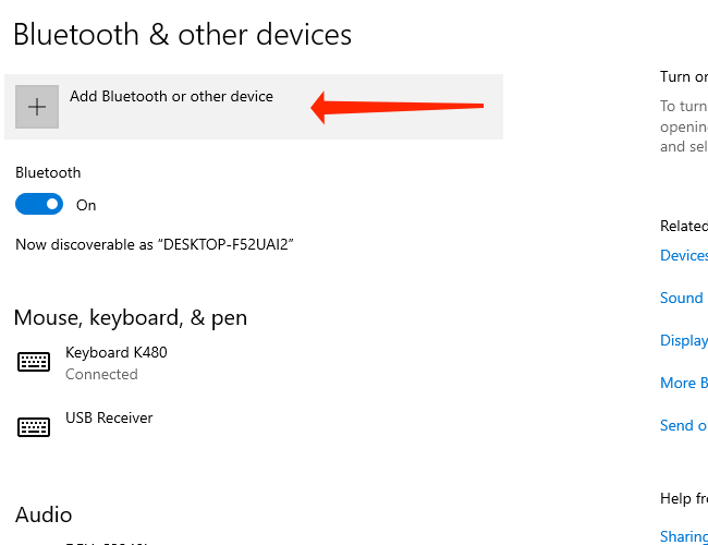 Κάντε κλικ στην Προσθήκη Bluetooth και άλλων συσκευών για να αντιστοιχίσετε μια συσκευή Bluetooth με τον υπολογιστή σας Windows 10