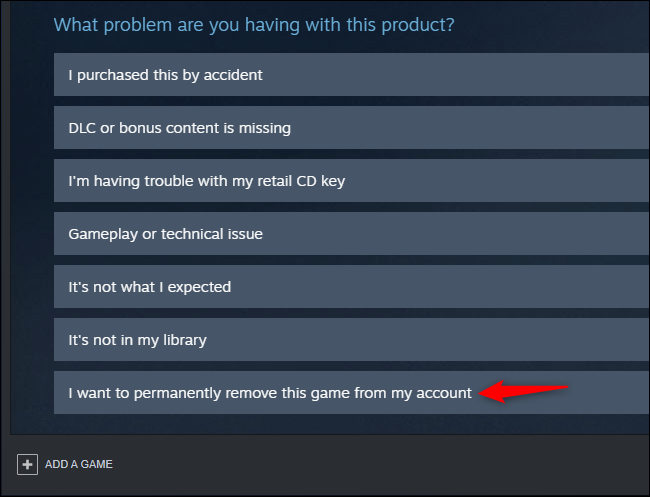 Επιλογή για οριστική κατάργηση ενός παιχνιδιού από έναν λογαριασμό Steam
