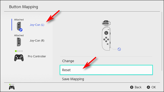 Pilih Tetapkan Semula untuk menetapkan semula pemetaan butang pada Nintendo Switch