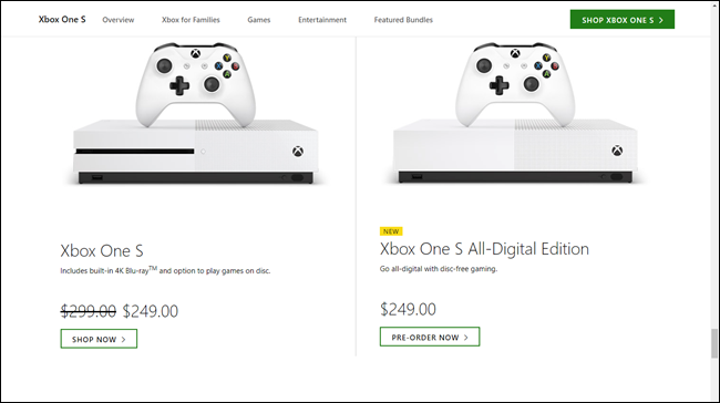 Xbox One S:n hinnoittelu 250 dollaria verrattuna Xbox One S:n täysdigitaaliseen hintaan 250 dollariin