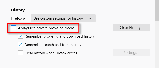 Seleziona usa sempre la modalità di navigazione privata in Firefox